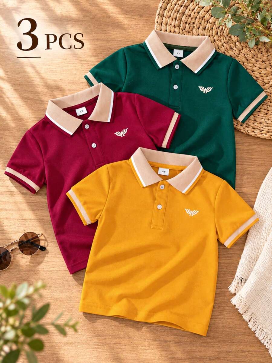 3pcs/Set Kids & Boys Fashion Casual Embroidered Colorblock Short Sleeve Polo Shirt - Multicolor - View 1
