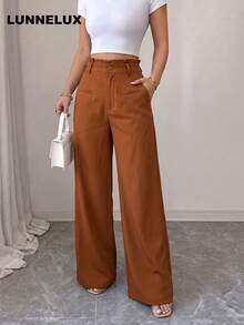 LUNNELUX Women Fall Brown Ruffle High Waist Wide Leg Pants, Button Zip Fly Trousers With Faux Pockets, Casual Daily Vacation Pants - Brick Red - View 7