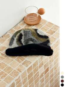 1pc American Vintage Color Block Fuzzy Knit Slouchy Beanie For Women, Autumn Winter Warm Versatile Cold Hat, Face-Flattering Large Head Circumference - Geometric Color Block Faux Mink Trim - View 8