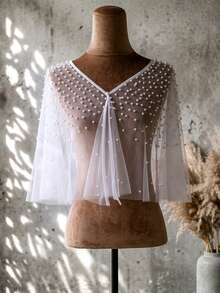 Ethereal Full Pearl Sheer Tulle Top, Short Mesh Overlay, Shrug For Strapless Wedding Gown - Multicolor - View 8