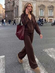 Casual Minimalist Fashion Women's Brown Ribbed Knit Set, Including Zipper Loose Hoodie Jacket And Drawstring Wide Leg Pants, Comfortable Choice For Autumn, Contains Knitted - Brown - View 4