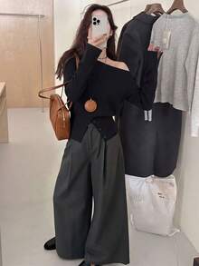 女士休闲简约不对称肩部毛衣，灰色，秋冬 - 黑色 - 查看 3