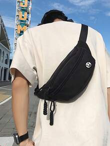Street Style Unisex Print Sling Crossbody Bag, Water Resistant Nylon Waist Fanny Pack, Portable Chest Bag For Hiking Shopping - Black - View 7