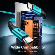 Charger Super Cepat 60W Terbaru, Kabel Data USB-C ke Type-C, Kompatibel dengan Pengisian Cepat 18/17/16/15 dan Perangkat Lainnya - Biru - View 8
