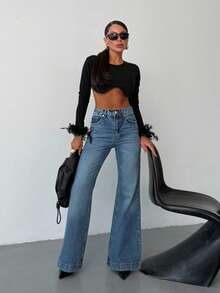 SQUALO Urban Edge High-Waist Distressed Wide Leg White Jeans - Baby Blue - View 2
