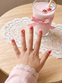 24pcs Kids Girls Press-On Short Artificial Nails, Cute Strawberry & Flower Gradient Design, Pre-Glued Full Coverage Acrylic Nail Tips Set, Suitable For Children Girls Nail Decoration (Strawberry Girl) - Multicolor - View 6