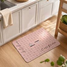 Pink Kitchen Rug With Grid Pattern And Utensils, Absorbent Polyester Fiber Floor Mat, Decorative 40 X 60 Cm Kitchen Mat For Sink Area - Multicolor - View 4