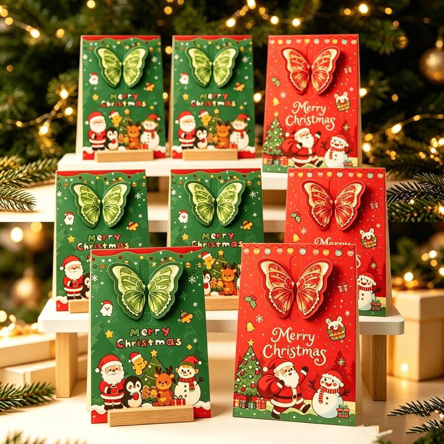 4pcs Cartoon Christmas 3D Butterfly Greeting Cards, Christmas Red And Green, Tri-Fold Design, Perfect For Christmas Handwritten Blessing Message Cards, New Year's Eve Gift Cards - One Size Fits All - View 1