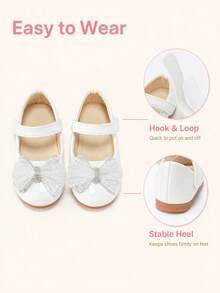 Girls' Baby White & Pink Dual-Tone Mesh Rhinestone Bow Glossy Mary Jane Flat Shoes With Hook-And-Loop Strap, Suitable For Banquet And Party - White - View 4
