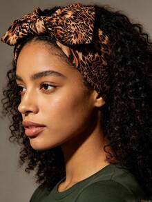 5/1pc Women Large Bow Knotted Turban Headwrap, Mixed Leopard Pattern Soft Stretch Wide Headband, Boho Hair Band For Washing Face, Party & Travel - Multicolor - View 4