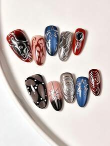 Great Wearing Experience,10Pcs Medium Almond Press-On Nails Kit,Retro Y2K Style,Star Swirl Abstract Line Print,Metallic Silver Texture,Reusable,With Jelly Glue & Nail File,Suitable For Women Autumn Winter Daily & Party Wear - Multicolor - View 2