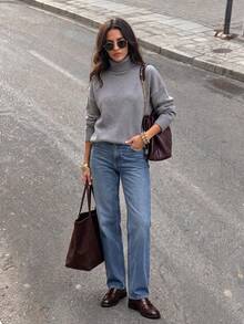 Roviva Women's Autumn Elegant Casual Commute High Neck Solid Color Sweater Top, Suitable For Party, Gathering, Holiday, Birthday Party, Work Commute - Grey - View 10