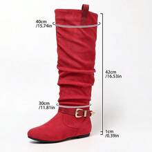 DENGWEISI Red Knee-High Boots With Strap Buckle, Ruched Design, Flat Round Toe, Side Zipper, Versatile Comfortable Elegant Commuter Daily European And American Fashion Women's Boots - Red - View 8