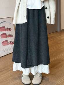 Korean Style Fashion Dark Gray 2 In 1 Lace Trim Wide Leg High Waist Loose Slimming Pants Casual Long Pants - Dark Grey - View 2