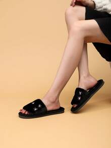 Women's Open Toe Home Slippers With Bow Knot, Elegant Fashion Fabric Embroidery, Quiet Floor Slippers For All Seasons - Black - View 4