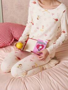 Gongdie 2pcs Snoopy Women's Pajama Set, Winter White Soft Cotton Loungewear With Lace Trim - Apricot - View 3