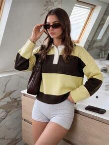 Spring/Autumn Multi-Color Contrast Lapel Long Sleeve Half-Button Cardigan Sweater - Brown and Yellow - View 5