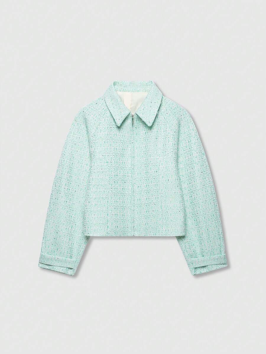 Old Money Style Vintage Long Sleeve Collared Tweed Jacket - Mint Green - View 1