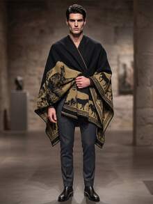1pc Men's Vintage Landscape Jacquard Buckle Knit Cape Shawl, Thickened Warm Open-Front Wrap Cape Coat With Wool-Like Texture, Autumn/Winter - Multicolor - View 1