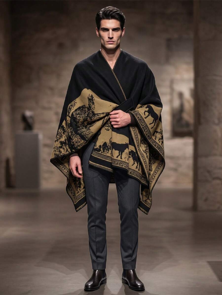 1pc Men's Vintage Landscape Jacquard Buckle Knit Cape Shawl, Thickened Warm Open-Front Wrap Cape Coat With Wool-Like Texture, Autumn/Winter - Multicolor - View 1