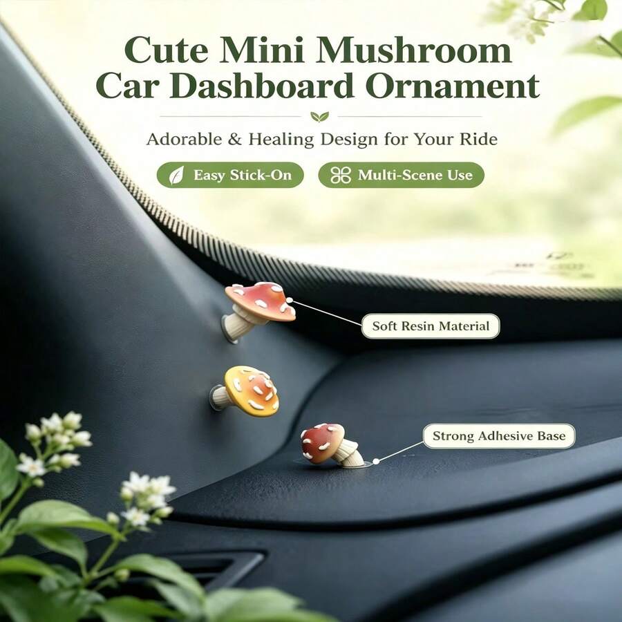 Cute Mushroom Mini Figurine, Car Dashboard Decor Ornament For Center Console, Screen, Window, Or Door Side Display - A - View 1