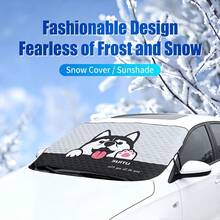 冬季汽車擋風玻璃雪罩 + 不鏽鋼雪鏟 2件組，安裝簡單，四季通用，夏季遮陽，冬季防雪防霜，綁帶固定，防風，防盜設計，適用所有車型，可愛小狗圖案 - A - 查看 4