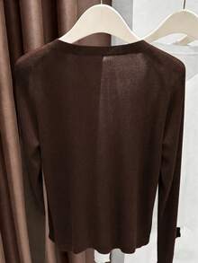 Plus Size Women's Solid Color Long Sleeve Single-Breasted Knit Thin Cardigan, Suitable For All Seasons Outerwear, Brown Autumn Thin Cardigan Sweater - Coffee Brown - View 4