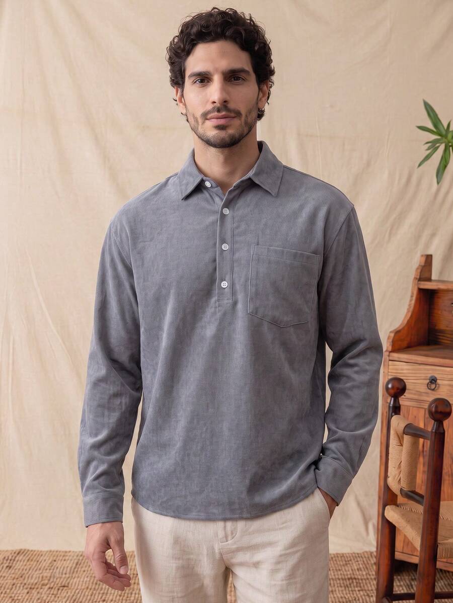 glestore Men's Vintage Corduroy Long Sleeve Button-Down Shirt, Suitable For All Seasons, Casual & Fashionable - Grey - View 1