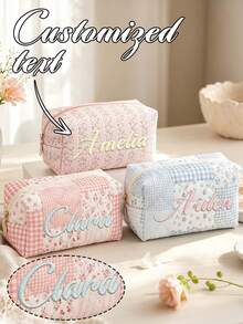 1pc Custom Embroidered Name Quilted Cosmetic Bag, Floral Plaid Patchwork Makeup Organizer, Large Capacity Travel Toiletry Bag, Bridesmaid Gift, Birthday Gift For Her - Multicolor - View 1