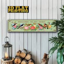 Desain Datar 2D, Papan Dinding Logam Vintage "Selamat Datang di Rumahku" - Plakat Pintu Pondok Pedesaan Besar 4.0X16.0 Inci dengan Pola Burung dan Karangan Bunga, Bingkai Hijau Mint dan Emas, Dekorasi Gantung Tahan Lama, Cocok untuk Teras - A - View 4