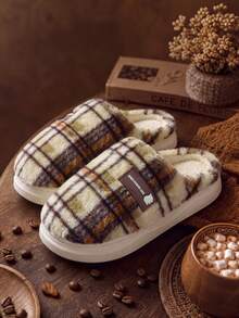Vintage Plaid Men's Winter Plush Slippers, Comfortable Warm Unisex Indoor Slippers - Purple - View 9