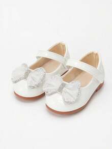 Girls' Baby White & Pink Dual-Tone Mesh Rhinestone Bow Glossy Mary Jane Flat Shoes With Hook-And-Loop Strap, Suitable For Banquet And Party - White - View 1