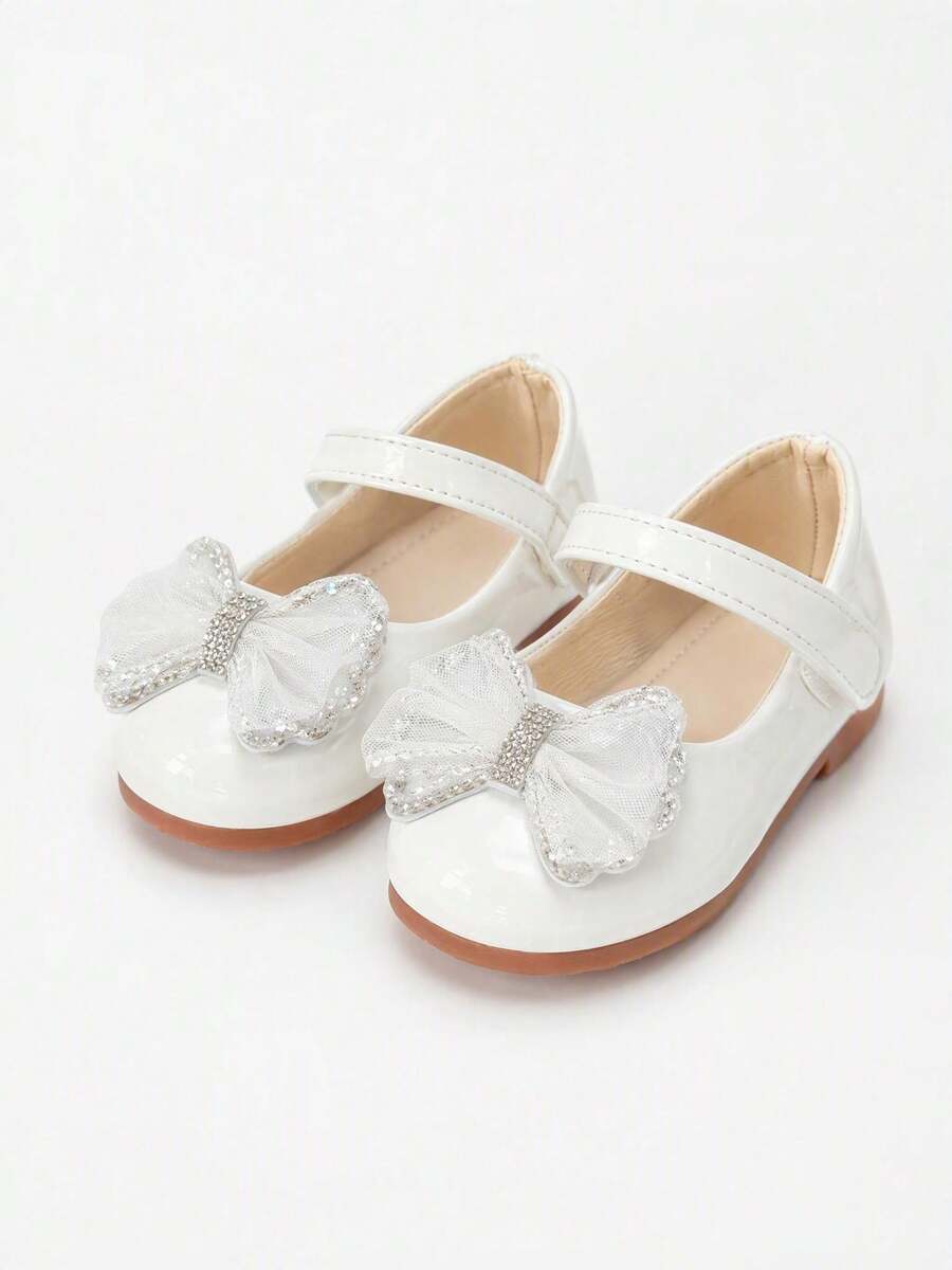 Girls' Baby White & Pink Dual-Tone Mesh Rhinestone Bow Glossy Mary Jane Flat Shoes With Hook-And-Loop Strap, Suitable For Banquet And Party - White - View 1