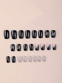 Fall Nails Black Nails Black Shiny Silver Glitter 24 Pieces Press On Nails - 黑色 - 查看 3