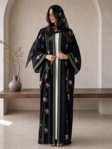 Hafizah Modest Printed Cardigan & Hijab 2 Pieces Abaya Set, Elegant Versatile Long Robe For Outdoor Wear - Black - View 3