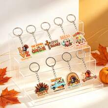2D Flat, 9pcs Thanksgiving Acrylic Keychain Set, Autumn Thanksgiving Keychains, Blessings And Abundance, Durable Thanksgiving Pendants, Car Keychains, Backpack Decorations, Unisex, Turkey Pumpkin Maple Leaf Gnome Decorations - Multicolor - View 3
