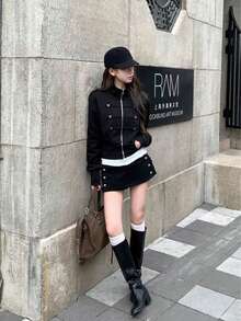 Women's Short Jacket Spring/Autumn 2026 New Black Korean Style Very Pretty Square Shoulder Versatile Napoleon Top - Black - View 3