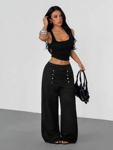 VENORA Decorative Double‑Row Button Elastic Waist Wide‑Leg Pants, Loose Fall High‑Waist Flared Trousers, Streetwear Casual Bottoms,Back To School ,Y2K - Black - View 1