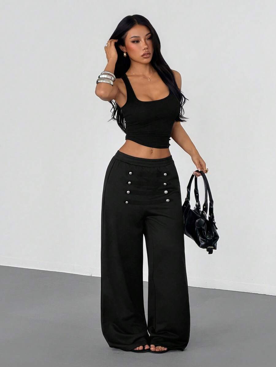 VENORA Decorative Double‑Row Button Elastic Waist Wide‑Leg Pants, Loose Fall High‑Waist Flared Trousers, Streetwear Casual Bottoms,Back To School ,Y2K - Black - View 1