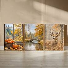 3-Piece Frameless Canvas Wall Art Set, Warm Autumn Pumpkin And Stag Forest Bridge Print, Suitable For Living Room And Bedroom Rustic Decor Poster, Autumn Holiday Gift - Green - View 7