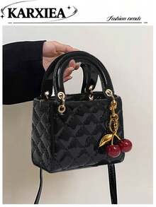 1pc PU Leather Bag, Burgundy, Versatile Quilted Glossy Handbag, Structured Small Bag, Shoulder & Crossbody Bag, Geometric Pattern - Multicolor - View 2
