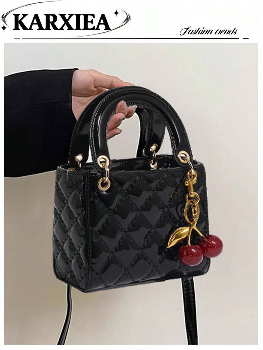 1pc PU Leather Bag, Burgundy, Versatile Quilted Glossy Handbag, Structured Small Bag, Shoulder & Crossbody Bag, Geometric Pattern