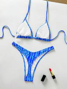 Women's Basic Striped Print Swimsuit, Suitable For Various Occasions From Pool To Beach In Summer, Daily Mini Triangle Bikini Beach Outfit Vacation - Dark Blue - View 3