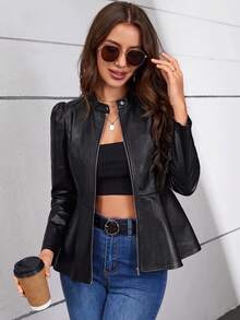 Cremallera de piel para mujer chamarra negra,Alta calidad chamarras de piel - Negro - Ver 7