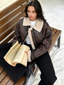 Jaket Motor Wanita Seelio Musim Gugur/Dingin Terbaru dengan Lapisan Bulu Imitasi, Gaya Pendek - Coffee Brown - View 1