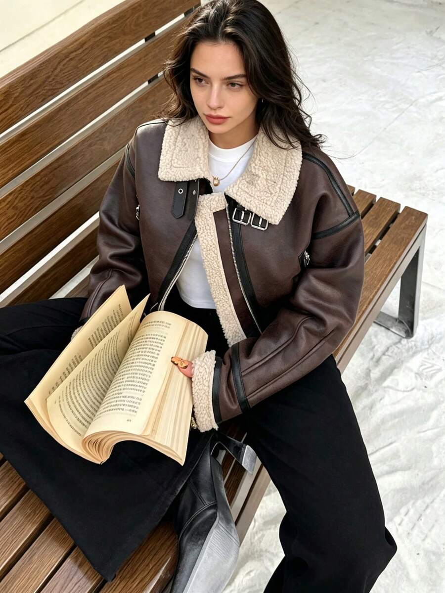 Jaket Motor Wanita Seelio Musim Gugur/Dingin Terbaru dengan Lapisan Bulu Imitasi, Gaya Pendek - Coffee Brown - View 1