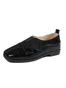 Women Vintage Color Block Square Toe Flats, PU & Matte Suede Panel Slip On Cutout Instep Breathable Comfortable Daily Walking Casual Flat Shoes - Multicolor - View 7