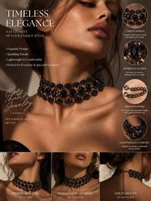 1pc Black Fashion Crystal Rhinestone Choker Necklace, Collor Bone Necklace For Women - Black - View 2