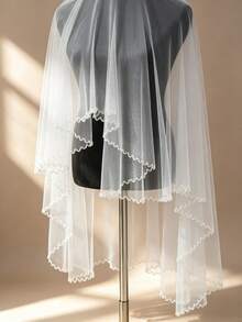 Handmade Beaded Wavy Lace Double Layer Veil, Simple Ethereal Bridal Wedding Styling Veil - Multicolor - View 4