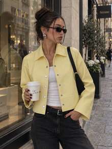 Women's Yellow Cropped Jacket Lapel Long Sleeve Button Down Textured Solid Color Casual Spring Autumn Vintage Loose Short - Yellow - View 1